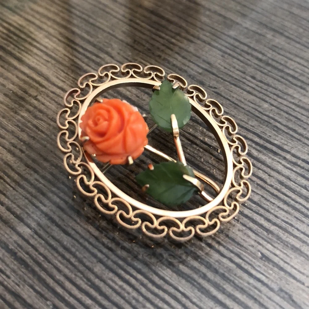 Vintage Gold Plated Coral Rose and Jade Leaves Pin